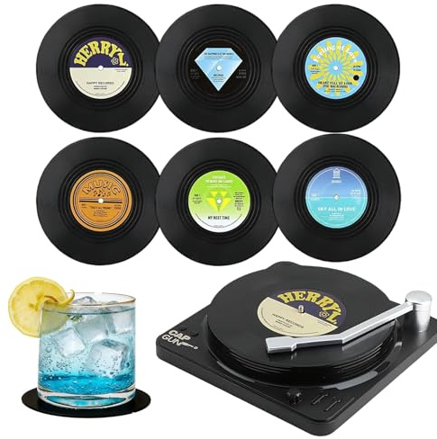 6Pcs Retro Vinyl Record Coasters, Non-Slip Drink Cup Black Coasters Set of 6 with Holder, Beer Mats for Coffee Tea Mug Wine Glass, Home Bar Accessories & Novelty Birthday Music Gifts for Man Women