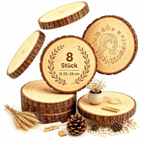 8er Set Holzscheiben 30 cm Durchmesser, Baumscheiben Naturholz mit Rinde, ca. 15 mm Dick, Runde Holzscheiben zum Basteln, Holzscheiben Deko für Hochzeit, Tischdeko, DIY, Brandmalerei & Lasergravur