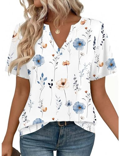Zeagoo Camiseta Mujer Manga Corta Cuello En V Camiseta Verano Casual Blusa Básica Holgada Túnica Tops Floral Blanco L