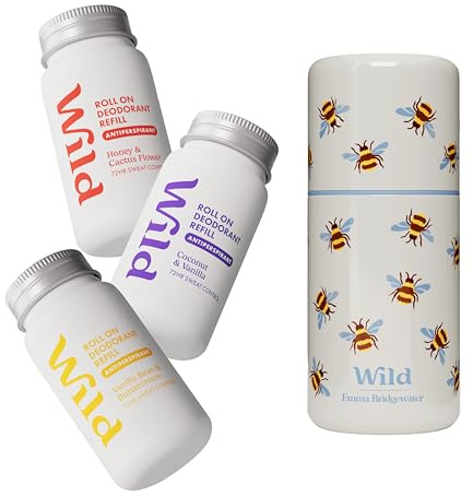 Wild Nachfüllbares Antiperspirant Roll‑on Deodorant Starter‑Kit – 72‑Stunden‑Schutz vor Körpergeruch & Schweiß – Bee Print Case mit Honey&Cactus Flower, Coconut&Vanilla sowie Vanilla Bean&Buttercream