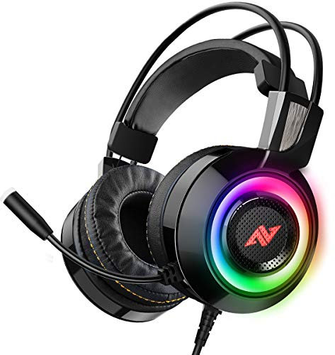 ABKONCORE CH60 Gaming Headset with True 7.1 Surround Sound for PC, PS4, Laptop, Bass Vibration, Noise Cancelling, Soft Earmuffs Headphones with Mic, LED Light, in-line Controller for FPS Games - Black