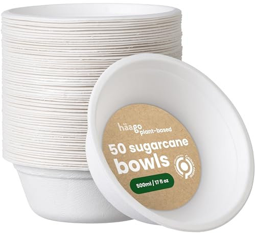 HAAGO 50 ciotole ecologiche in canna da zucchero biodegradabili e compostabili in casa - come le ciotole di carta, ciotole usa e getta per cibi caldi e freddi - 500ml