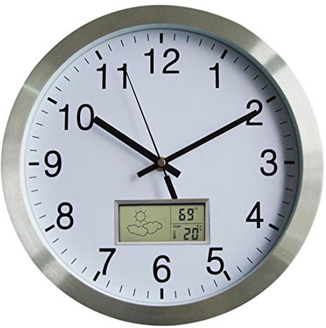 MAJOZ 30CM Radio Controlled Wall Clock with Weather Forecast and Thermometer, Modern Silent Wall Clock
