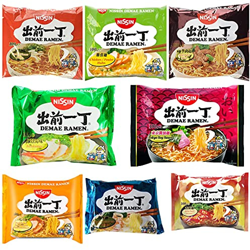 Nissin Damae Instant Noodles Ramen Packung 8 Geschmack - Tonkotsu, Hähnchen, Rind, Meeresfrüchte, Würzig Scharf , Sesam, Ente, Tokyo Soy Sauce (8 x 100g)