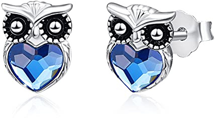 Eulen Ohrstecker Mädchen 925 Sterling Silber Owl Earring Herz Blaue Kristall Ohrringe für Damen Tier Ohrringe Schmuck Eulen Ohrschmuck Muttertags Weihnachten Geschenke Valentinstag für Kinder