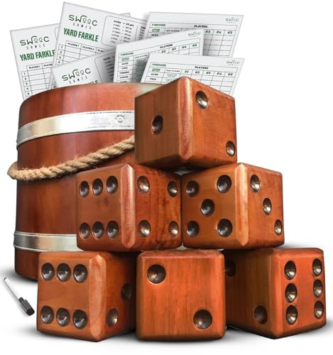 Swooc Games® - Yardzee, Farkle, & 20+ Giant Dice Games (All Weather) with Wood Bucket, 5 Scorecards, & Marker - Yard Dice Outdoor Game for Family - Giant Backyard Game Set - Outside Jumbo Lawn Fun