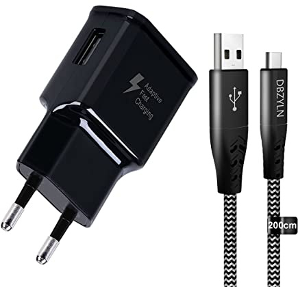 Ladegerät mit Ladekabel Kompatibel mit Samsung Galaxy S10, S10 Plus, S10e 5G, S9, S9 Plus, S8, S8 Plus, A50, A51, A40, A30, A20e, Z Flip3, Fold2, Schnellladegerät mit Ladekabel 2m Nylon (Schwarz)