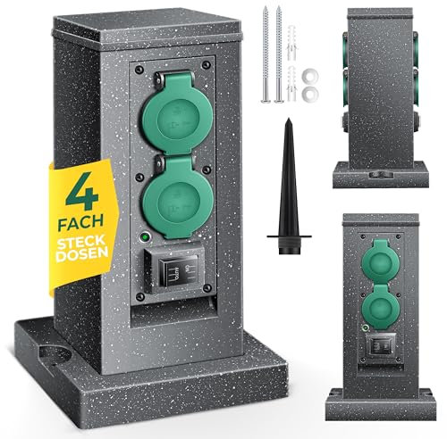 KESSER® Presa da giardino in pietra con 4 prese Incluso picchetto di terra, prese multiple all'esterno, Presa in pietra impermeabile con sensore ON/Auto, Antracite - Torre