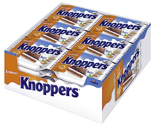 Knoppers Erdnuss – 24 x 25 g – Gefüllte Waffelschnitten mit Milch- und Erdnusscreme, feinsalzigen Erdnuss-Stückchen und Kakao