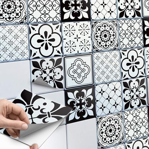 30 Stück Fliesenaufkleber 15x15 cm für Bad und Küche - Klebefliesen, Mosaikfliesen - selbstklebende Fliesen SET // Design: Schwarz weiße Fantasie