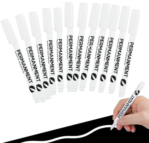 iNelihoo Weißer Stift 12 Stück Permanent Marker Acrylstift Wasserfester Lackstift Weiß Stift 1 mm Acryl Weisser Schnell Trocknender Wasserfeste Permanentmarker für Steine Keramik Glas Holz Metall DYI