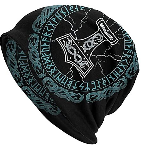 Wikinger Bedruckte Thors Hammer Beanie Mütze - Männer Frauen Verstellbare Doppelschicht Skullies Dünne Haubenkappen - Nordischer Pirat Mittelalterliche Hip Hop Mode Lässige Kopftücher