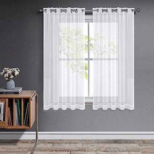 Joydeco Cortinas Salon Modernas 2 Piezas 140x122 cm, Cortinas Visillos Blancas Cortas Translucidas con Ojales para Ventana Salediza, Cocina