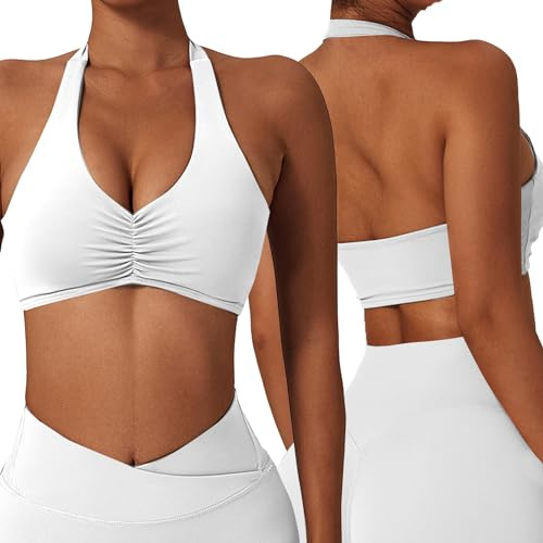 Litthing Sports Bras Women Sexy Halter Neck Bras Solid Color Gym Bralettes Quick Drying Elastic Yoga Bra Mid Impact Support Running Bra with Removal Pads for Workout Fitness Casual White