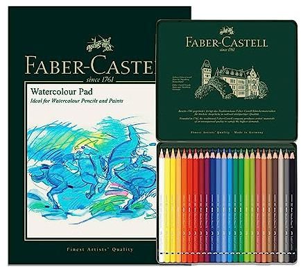 Faber-Castell Albrecht Dürer Aquarellstifte, A4 und Dose mit 24 Aquarellstiften – Kunst-Set für Malbücher für Erwachsene, Bastelbedarf, Zeichnen, Skizzieren, lichtechte Bleistifte, Schulen, Zuhause,