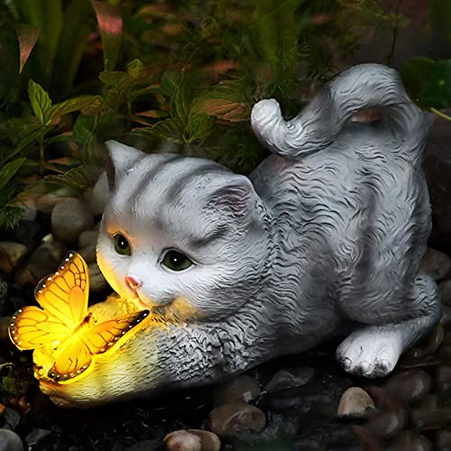 OKESYO Décoration solaire chat - Figurine décorative de jardin avec papillons - Lampes solaires pour extérieur, balcon, jardin, cour, mise en page
