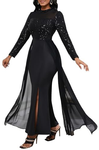 VERWIN Damen Bodycon Pailletten Kleid Mesh Chiffon Schulter Maxikleid Seitenschlitz Patchwork Overlay Kleid, Schwarz, Groß