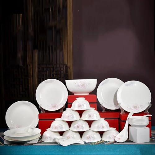 Juego de vajilla de porcelana fina de 38 piezas, vajilla, 10 cuencos de arroz, 10 cucharas pequeñas, 6 platos, 1 cuenco de sopa, 1 cuchara grande, 10 platos de salsa, juego de vajilla combinada de