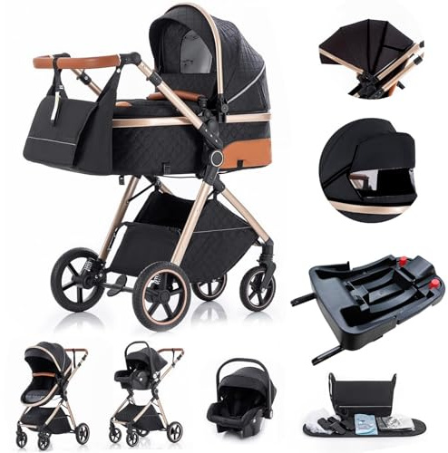Gcarebb 3 in 1 Kinderwagen Reisesystem Mit Isofix Base, Buggy Mit Auto Babyschale, Mit Höhenverstellbarer Kinderwagen Komplettset, KombiKinderwagen Mit Aluminiumrahmen für Neugeborene 0 bis 3 Jahre