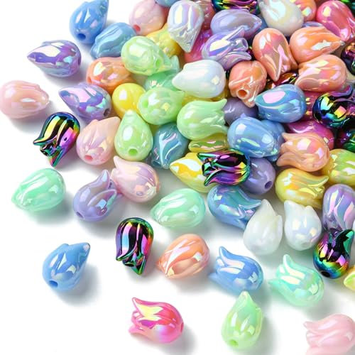 UR URLIFEHALL 100 Pcs Iridescent Acrylic Tulip Flower Beads Colourful Flower Shaped Beads for Jewellery Making Crafts Phone Home Decor