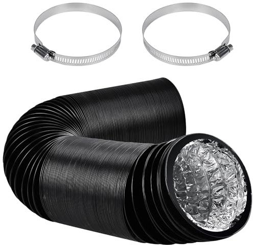 Aluminium PVC Ventilation Air Ducting, 5m Dryer Vent Hose, 100mm Flexible Ducting for HVAC Ventilation, Black 4 Layer HVAC Ventilation Air Hose with 2 Stainless Steel Clamps