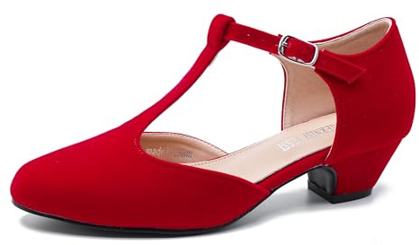 MAIERNISI JESSI Women's T-Strap Mary Jane Pumps, Low Block Heel, Closed Toe, Buckle Ankle Strap Red Velvet 38 - US 7