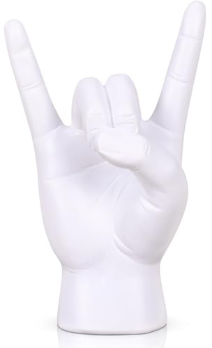 QIANLING 19,5 cm de resina blanca en forma de roca con gesto de mano - Estatua decorativa de mesa de cultura rock para amantes de la música, escultura simbólica moderna para estantería, escritorio y