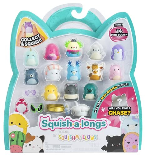 Squish-a-longs Confezione da 14 - Serie 1, Wave 2 - (14) Mini-Squish da 2,5 cm con (4) Accessori, (1) Attacco ad anello e (1) Guida per collezionisti - Colleziona, commercia e gioca