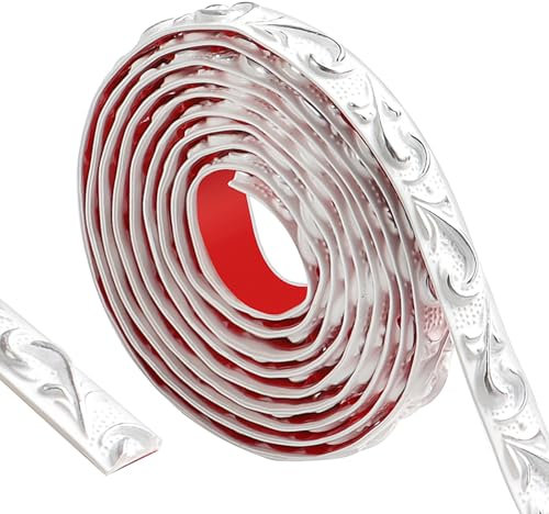 300cm Flessibile Modanatura Adesiva-Impermeabile Bordo Adesivo Per Pareti 3d Vintage Pattern,Striscia Adesiva Muro Decorativa Per La Decorazione Domestica(Bianco Con Argento-2cm)