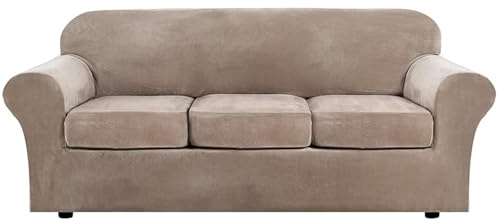 AIMENJOY 4 Stück Sofabezug 3 Sitzer mit 3 Separaten Sitzkissenbezügen, Stretch Samt Sofaüberwürfe für Kombisofas Sofahusse Couchbezug, Elastischer Stretchhusse für Sofa (Taupe,3 Sitzer)