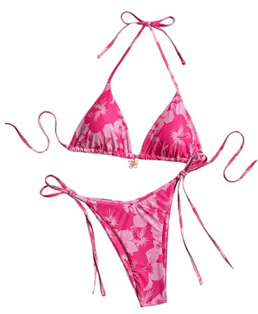 GORGLITTER Women's Leopard Print Bikini Sets Halter Triangle Tie Side Backless 2 Piece Sexy Swimsuits Pink Medium