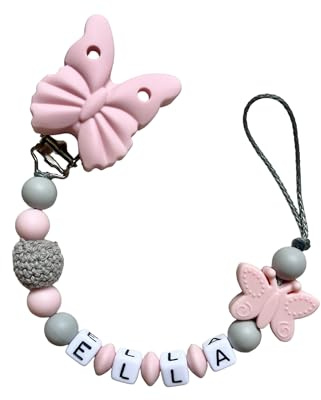 Generisch Schnullerkette mit Namen Mädchen grau rosa Schmetterling