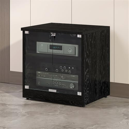 HDMOZUYT Medienständer mit Tür aus gehärtetem Glas, modernes Sound-Rack mit verstellbarem Regal, Stereo-Schrank aus Massivholz für Spielekonsolen und DVD-Player (schwarz, groß) (schwarz, klein)