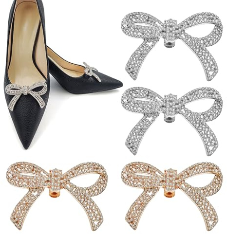 SYEYCW 4 Pcs Clip on Bows For Shoes, Detachable Elegant Rhinestone Crystal Shoe Charms, Metal Shoe Buckles, Crystal Decorative Shoe Clips, for Women Wedding Prom Party High Heels Accessories