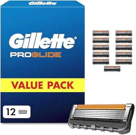 Gillette Proglide Rasierklingen Herren, 12 Original Ersatzklingen, Schwarz | Nassrasierer, 2X Gleitstreifen vor Und Nach Den Klingen für Unglaubliche Gründlichkeit Und Komfort