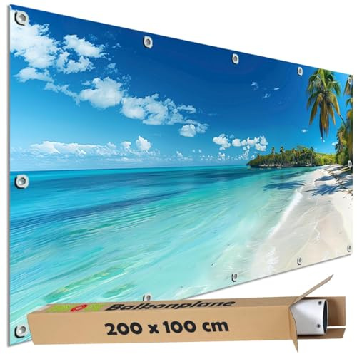 TRIOSK Sichtschutz Balkon Deko Plane Balkonblende Blickdicht mit Motiv Strand Südsee Paradies Meer für Garten Terrasse Gartenzaun Balkonverkleidung Blickschutz PVC groß 200x100 cm