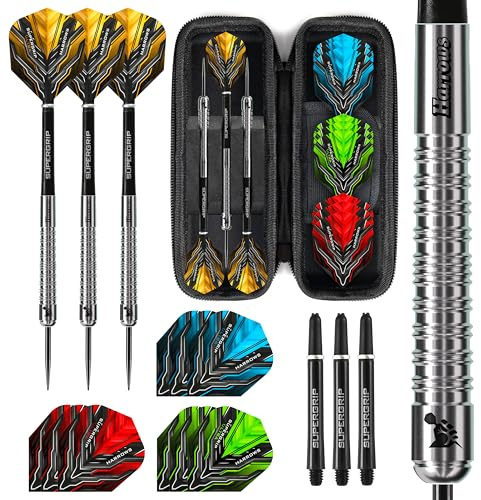 Harrows Supergrip Ultimate Darts-Set mit Wolframstahlspitze, inklusive Blaze-Dart-Etui, 22 g bis 28 g, riesiges 20-teiliges Bündel mit Ersatz-Ultra-Flights