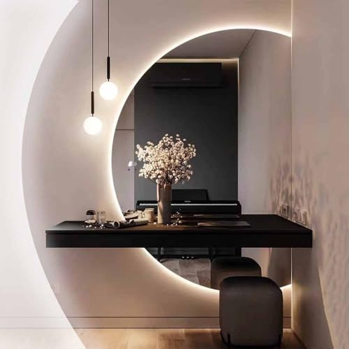 Specchio da bagno dimmerabile a LED a mezzaluna 80x120cm - Senza cornice anti-appannamento intelligente specchio da trucco da parete con design irregolare retroilluminato per arredamento moderno