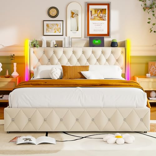 Polsterbett Doppelbett Einzelbett 140x200 cm mit RGB-LED-Beleuchtung, USB-C, USB-A, Chesterfield Steppung Kopfteil & Lattenrost, Hydraulisch Stauraumbett Funktionsbett mit Großer Stauraum, Samt, Beige