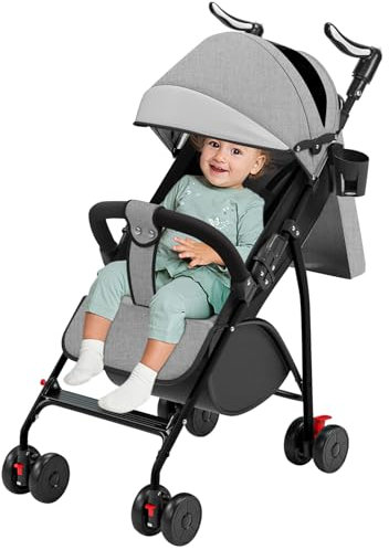 Kompakter Buggy, mit Liegeposition, von Geburt bis 4 Jahre (bis zu 25 kg), Sitzen oder Liegen, verstellbarer Griff, Kinderwagen mit 4 Rädern mit Baumwollmatte + Moskitonetz – 47 x 72 x 97 cm – Grau
