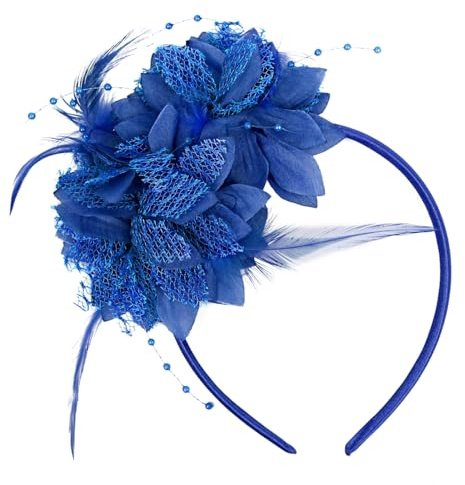 ARWIGFascinator Blu Cobalto | Cerchietto con Piume e Fiori | Fascinator retrò da Donna per Matrimoni, Ospiti, Ballo in Maschera