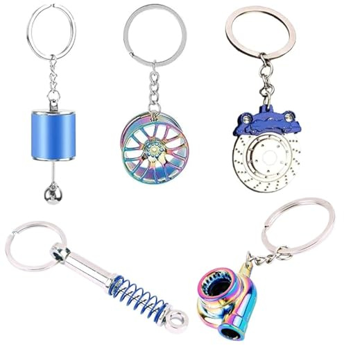 ZHAOYCSH 5 Stück Metall Schlüsselanhänger Auto-Set - Autoteile Keychain mit Turbolader Felgen & Schalthebel Design - Kreative Motorrad & Auto Zubehör Geschenk für Jungs - Männer Accessoire