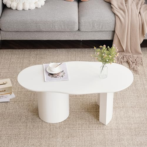 BTM Table Basse Irrégulière Blanche Stable Et Durable De 100 Cm – MDF Haute Qualité, Surface Laquée, Toucher Délicat, Plateau Élégant Et Courbé
