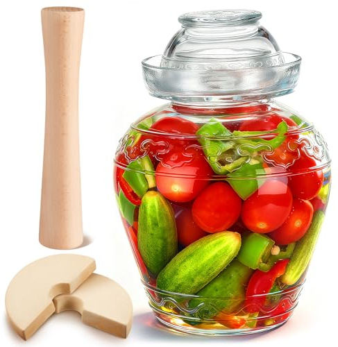 LemonRoad 4 Pcs Fermentation Kit Include 4.9 L Glass Pickle Jar with Water Seal Airlock Lid and 2 Pcs Fermentation Weight and Sauerkraut Pounder for Pickling, Vegetables, Kombucha