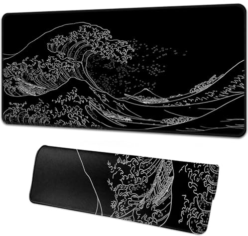 Simpkeely Schwarzer und Weißer Gaming Mauspad – The Great Wave Off Kanagawa Muster, Große Gaming Tischmatte mit Rutschfester Gummibasis, Perfekt für Büro und Heim – 80 x 30 cm