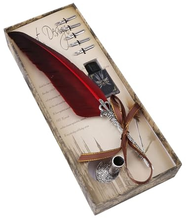 Jelquix Feather Dip Quill Pen Set med 5 Spetsar, Elegant Skrivbläck Brevpapper Presentask för Antikälskare, Naturlig Fjäder, Legering, Svart, Engelsk Kalligrafi, 20–30 Bokstäver per Dopp för