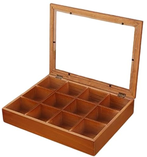 Bomefoi Porte-Sachets de Thé,12 Compartiments Boîte en Bois,Rangement Sachets De Thé avec Couvercle Transparent | pour Maison Cuisine Garde-Manger Snack Armoire Tiroir Bureau Café