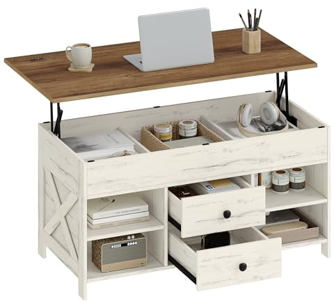 Hzuaneri Mesa de Centro Elevable, 100cm Blanco-Marrón, Mesa Salón 2 Cajones