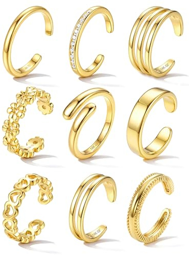 Roheafer 9 stycken 14K guldfyllda tåringar för kvinnor justerbara blomhjärta öppna tåringar set guld tumringar justerbar tå ring sommar strand fotsmycke