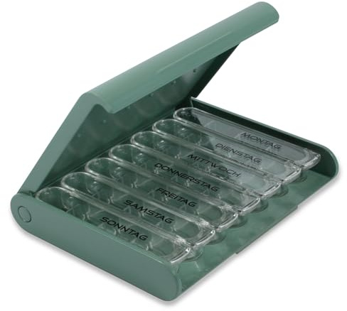 MEDICASE Exklusive und diskrete Tablettenbox 7 Tage | Dänisches Design | Hohe Qualität & Langlebigkeit | Für Heimgebrauch & Unterwegs | Kleine Dispenser, 4 Fächern, Wochentage auf Deutsch | Staub Grün